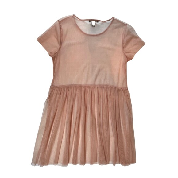Forever 21 Sheer Mesh Dress Babydoll Layering Blush Pink Short Sleeve Pleated L - Picture 11 of 12